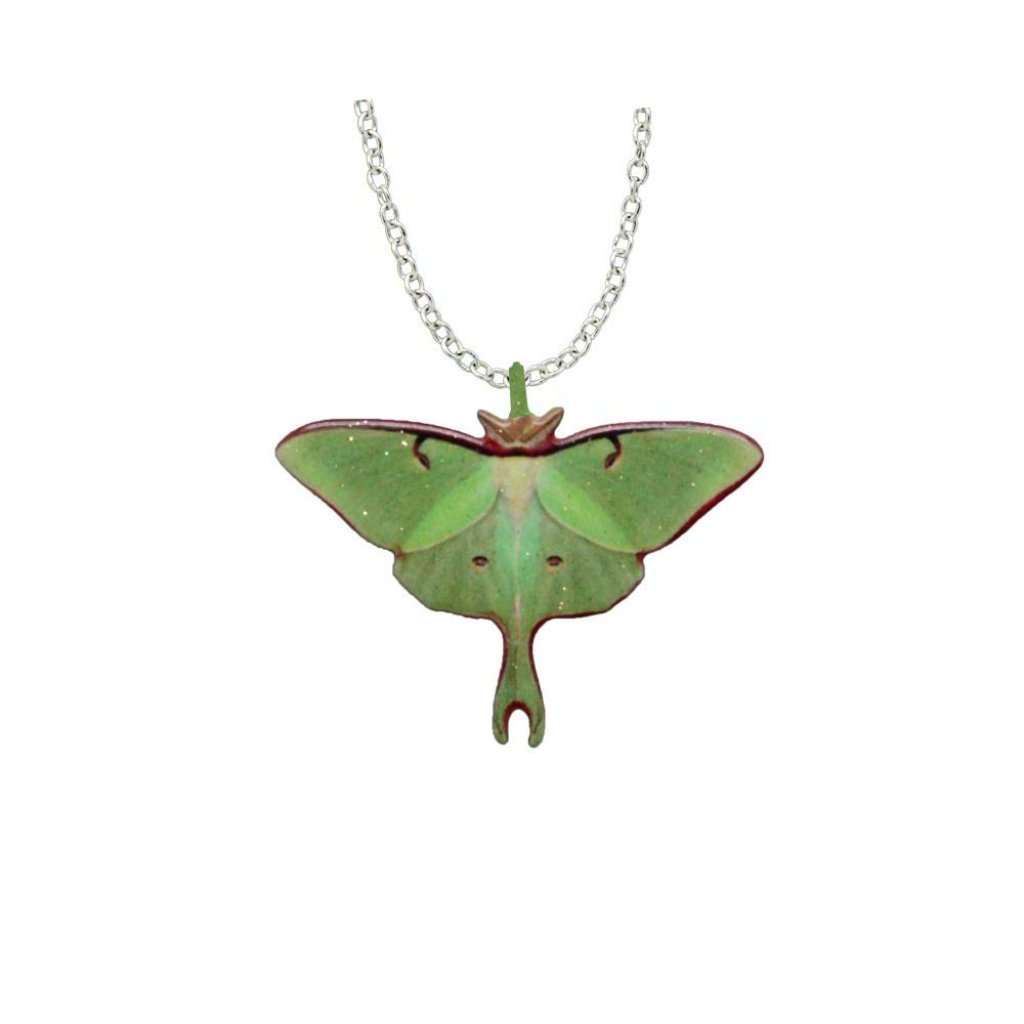 Luna Moth Pendant Necklace Ethereal Glitter Stainless Steel Chain Handcrafted
